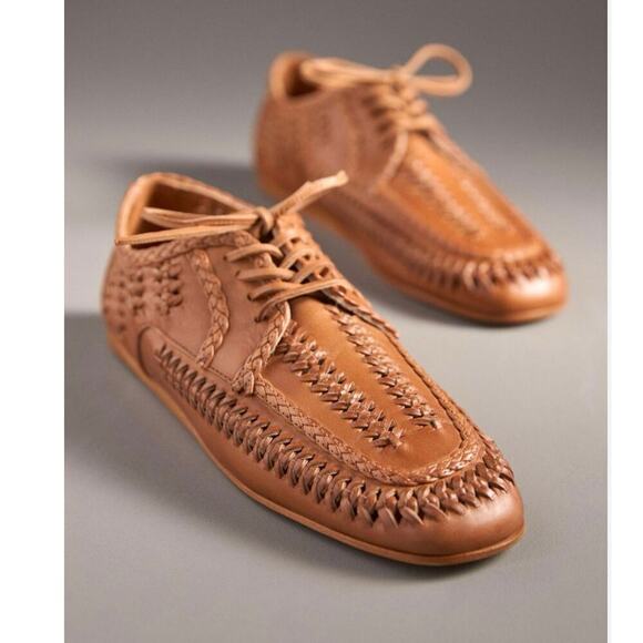 Anthropologie Shutz Maddy Whipstitch Leather Lace Up Loafers Size 8.5 NEW - Picture 1 of 13